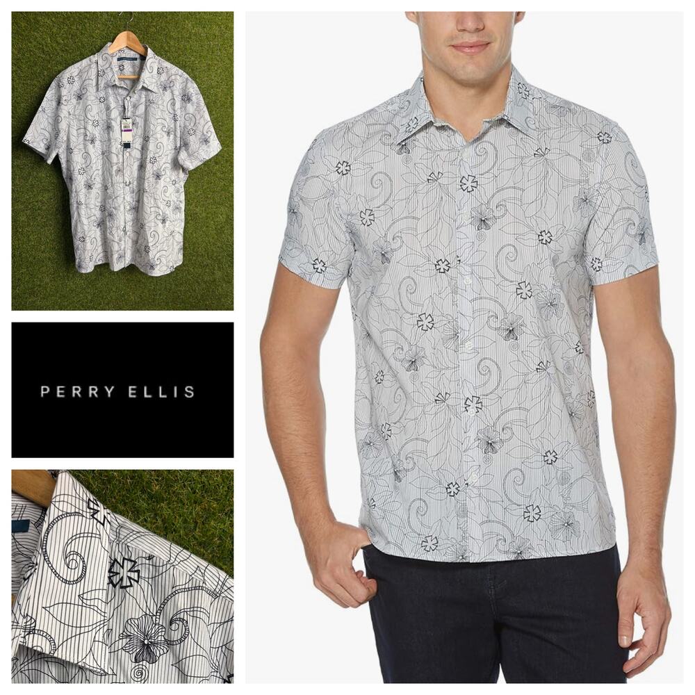 NWT Perry Ellis Cotton Short Sleeve Shirt Floral Sketch Print Modern Fit‎ Sz XXL